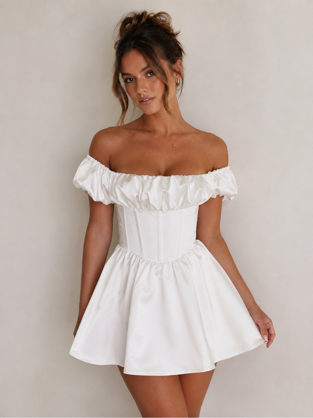 Meshki Off-Shoulder White Corset Cottagecore Milkmaid Mini Dress